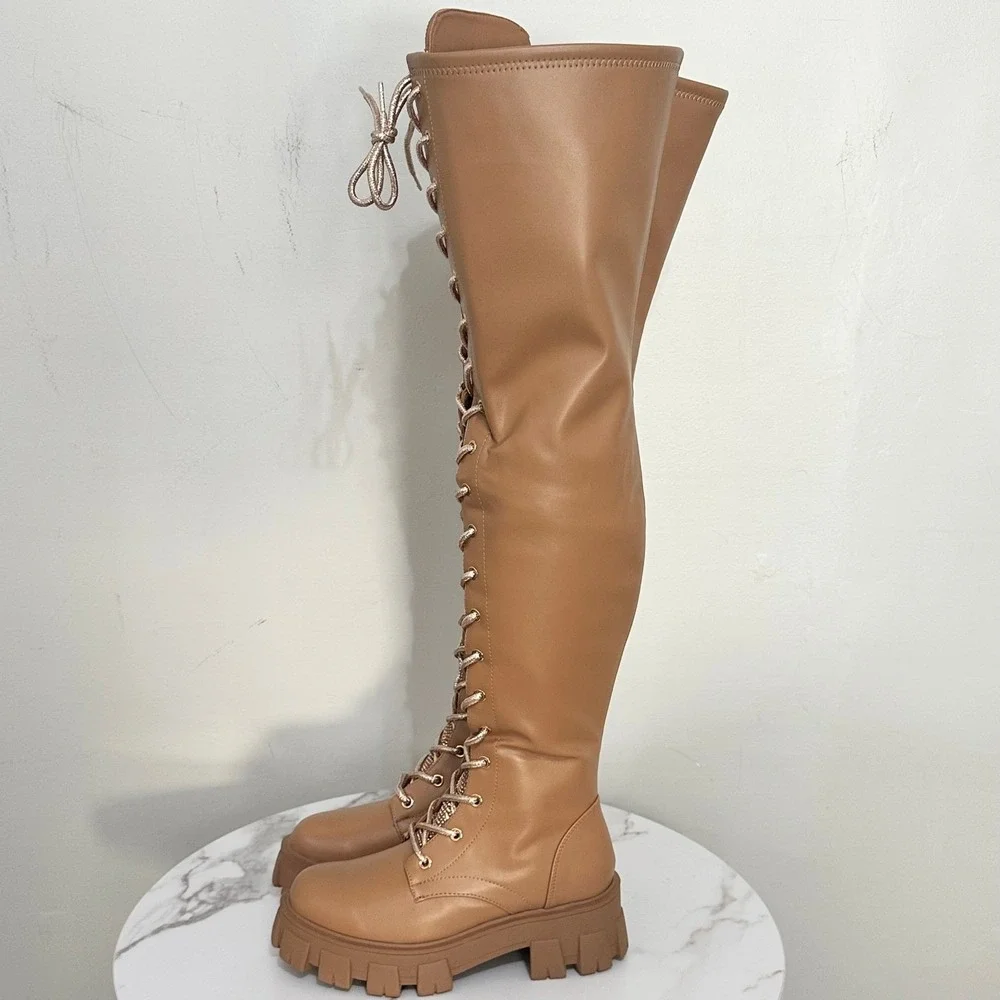 Cape Robbin Boxi Nude Over The Knee Rhinestone Lace‎ Up Lug Sole Boots Size 5